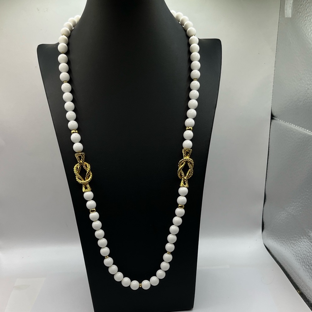 Vintage Napier White Beaded Necklace with Gold Knot Accents Length 30” White